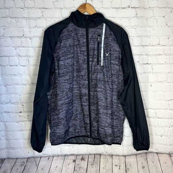 CALLAWAY Mens M Windbreaker Long Sleeve Jacket GRAY BLACK Hooded Zip Golf - Picture 1 of 8